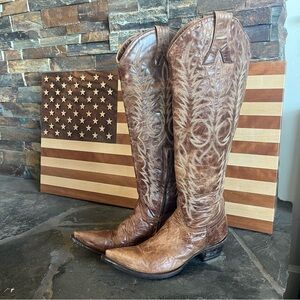 Old Gringo Mayra 18” Tall Brown Leather Boots with Metallic Copper Stitching